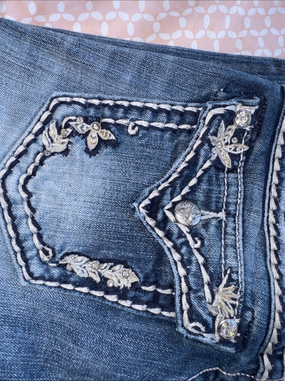 Miss Me Dark Blue Denim Capris with Cream Embroidery